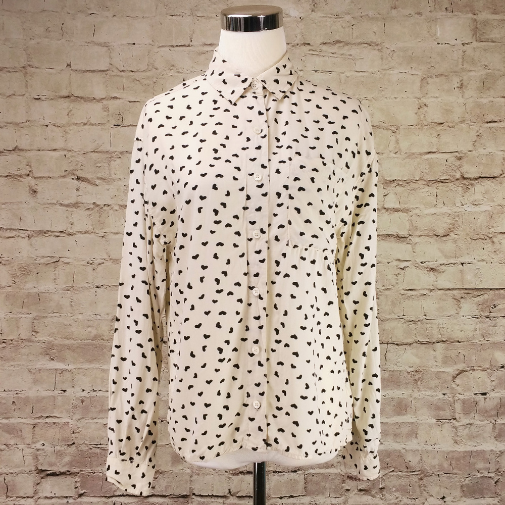 Forever 21 S Cream Black Heart Print Shirt Blouse